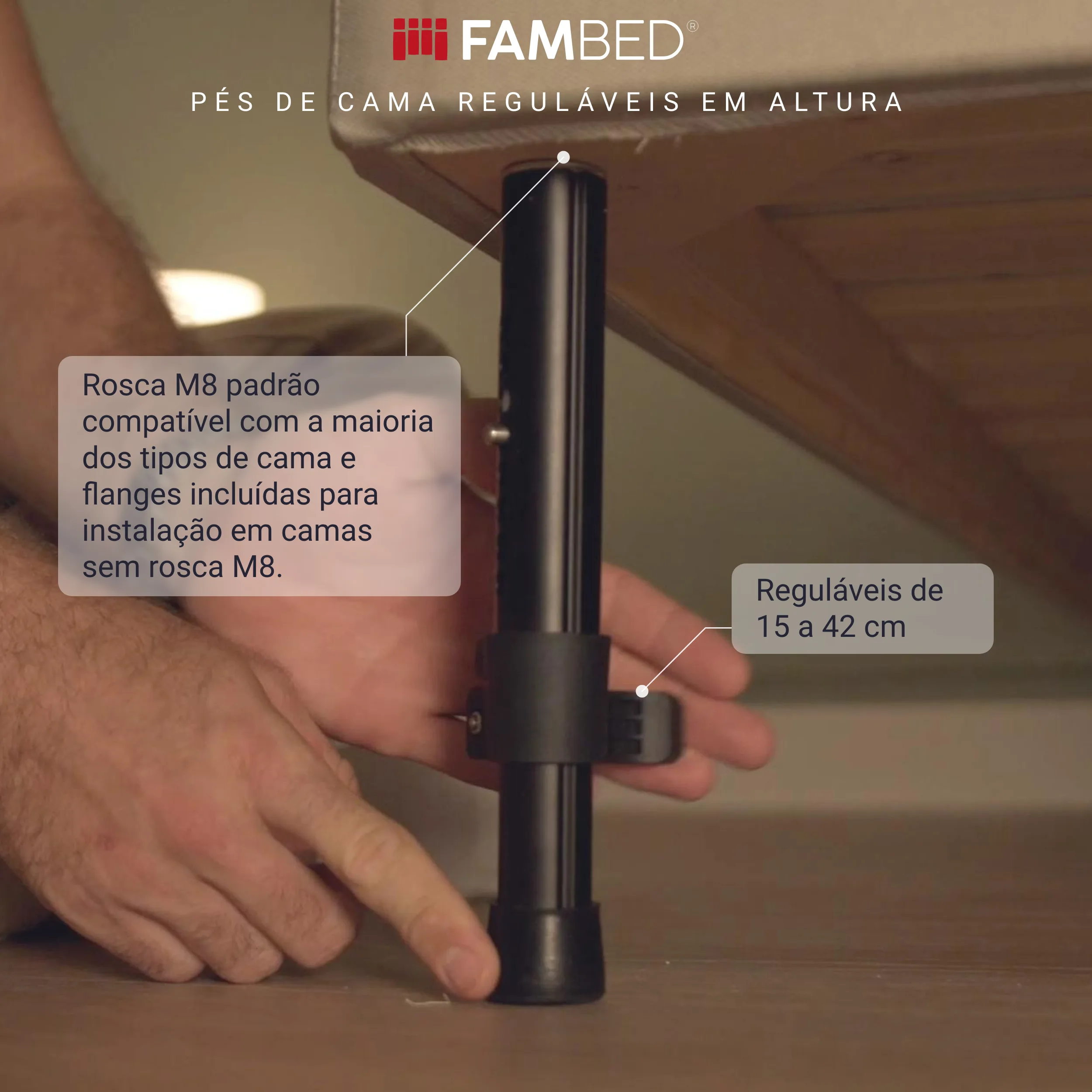 Infografia: pé de cama preto regulável em altura, montado por baixo da cama, com indicações sobre a rosca M8 e a altura de 15 a 42 cm