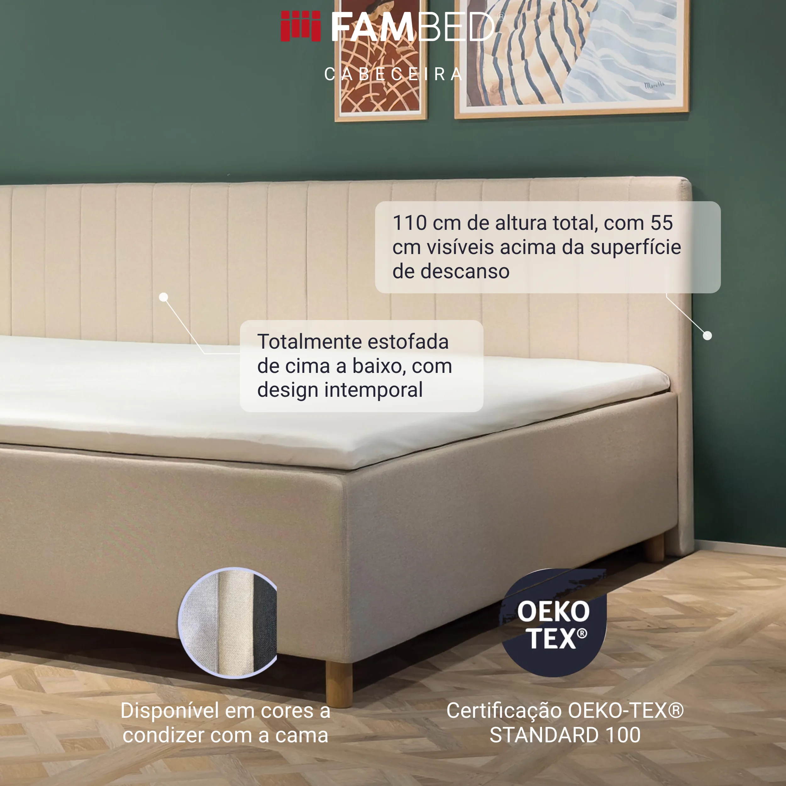 Infografia: cabeceira FAMBED bege atrás da cama, com destaques sobre o revestimento integral, os 110 cm de altura e as cores a condizer