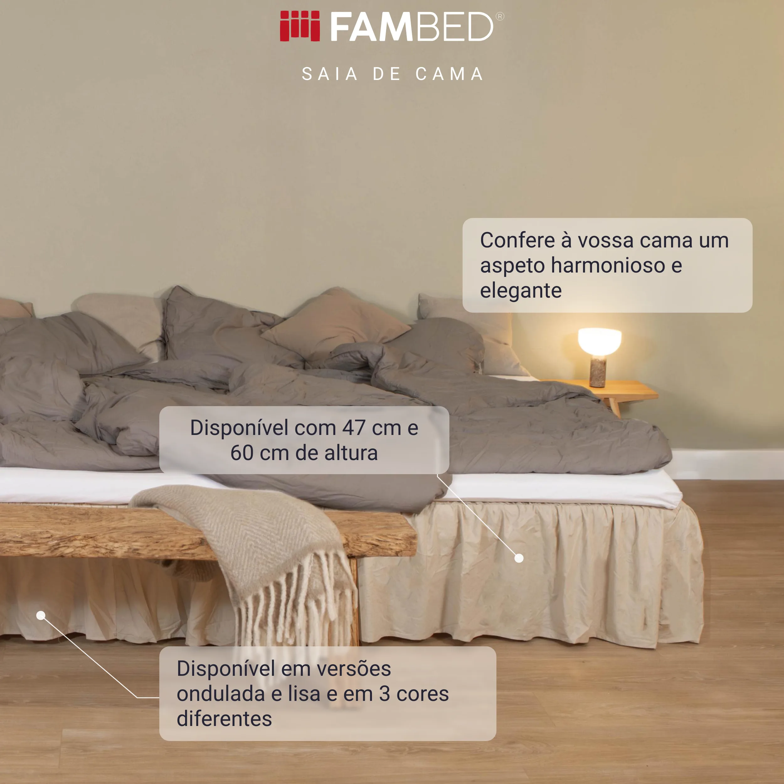 Infografia: cama feita com saia de cama FAMBED bege e informações sobre o aspeto uniforme, as duas alturas e os modelos com folhos ou liso