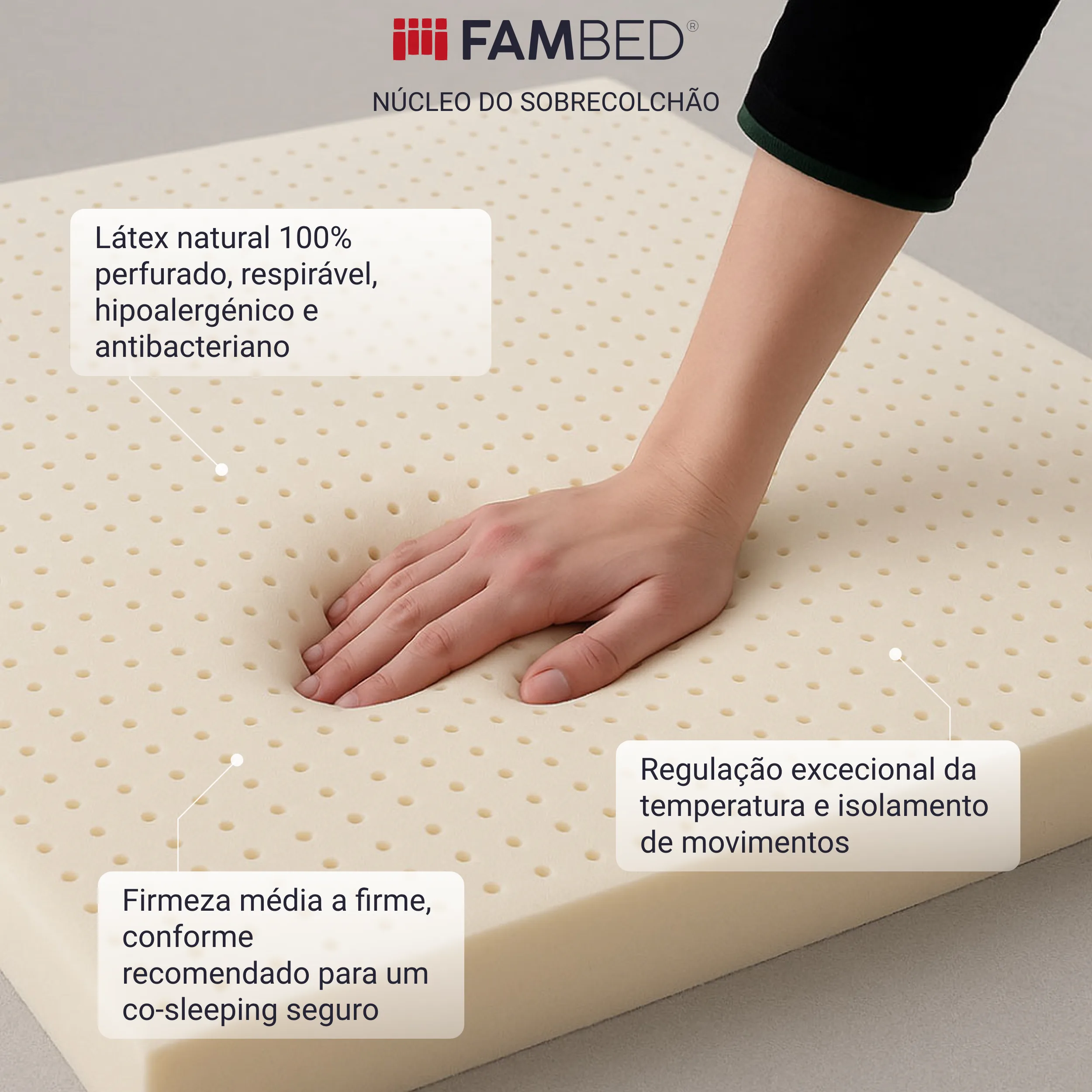 Infografia: mão a pressionar o núcleo de 5 cm em látex natural perfurado, respirável, hipoalergénico e antibacteriano