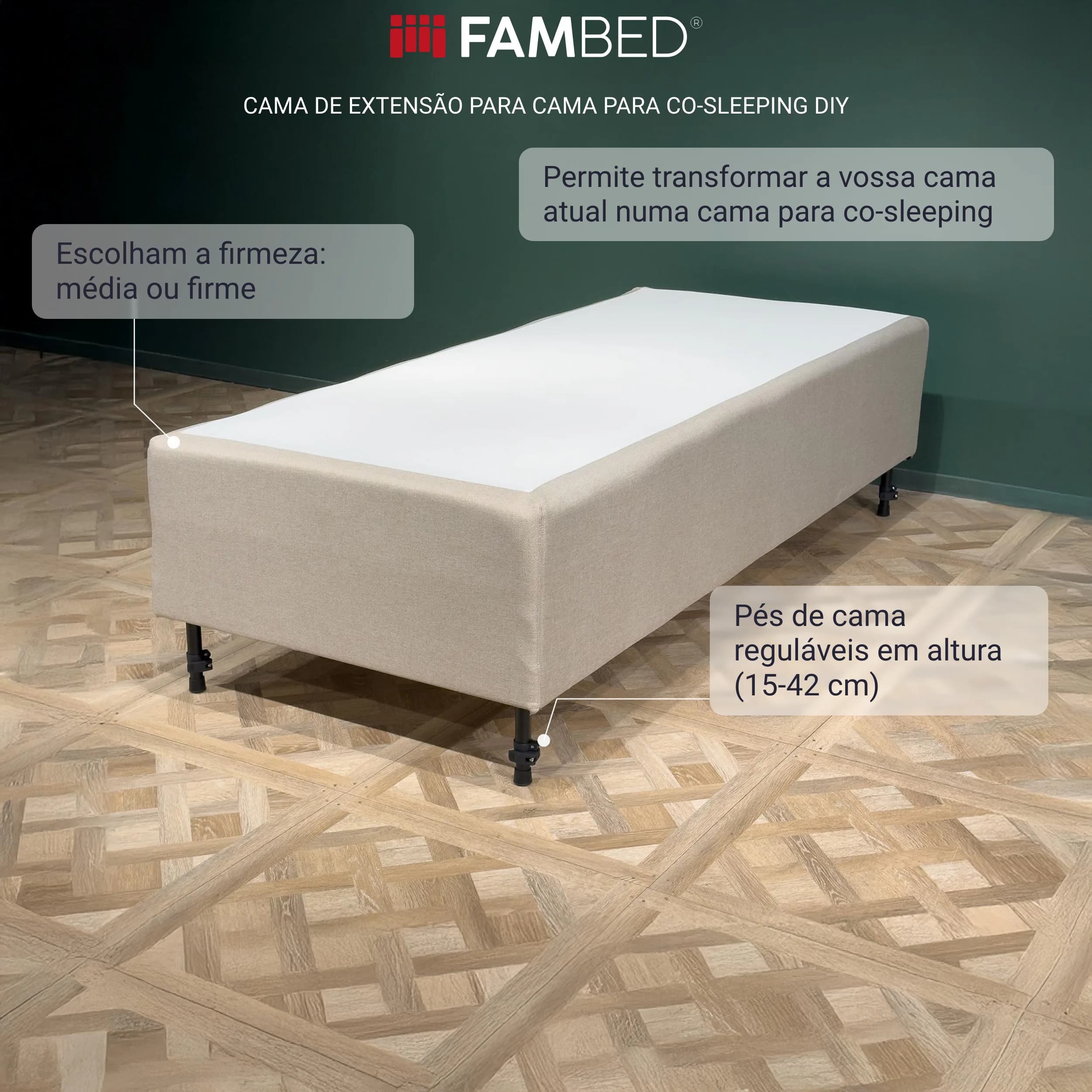 Infografia: cama de extensão FAMBED com pés pretos e informações sobre o colchão de molas reversível de 7 zonas e os pés de cama reguláveis em altura