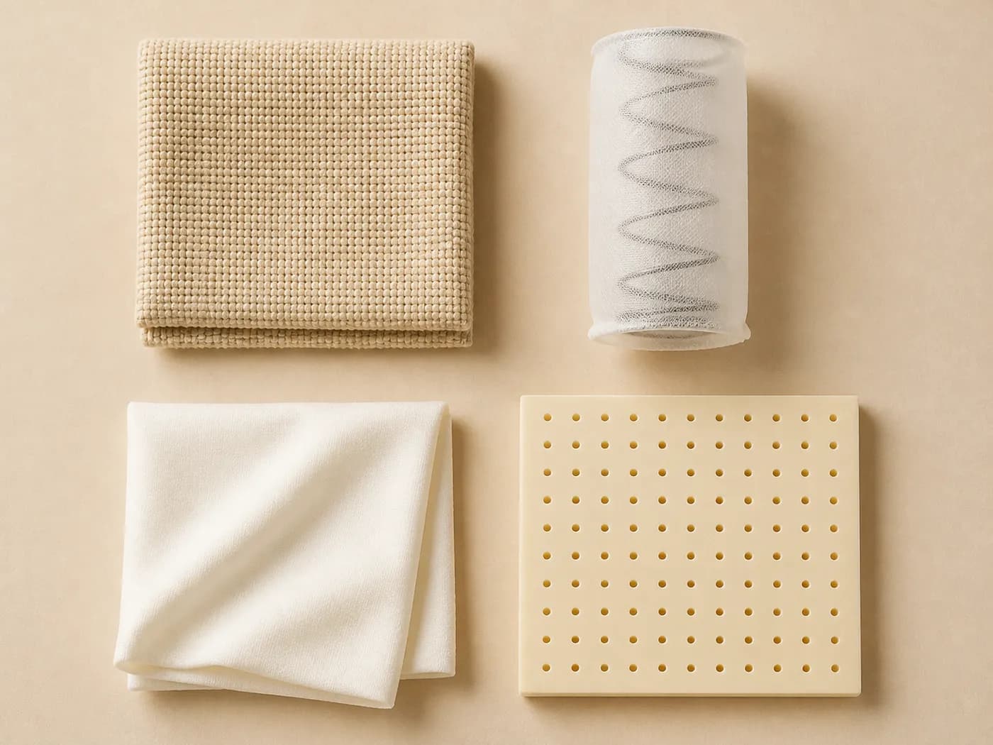 Quatro amostras de materiais sobre uma superfície clara: tecido de revestimento bege com textura tecida, uma mola ensacada na respetiva bolsa de tecido, um tecido branco macio dobrado e uma placa perfurada de látex natural.