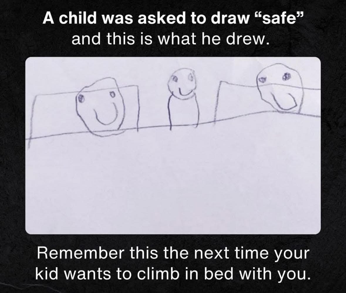 Desenho de uma criança com três figuras sorridentes numa cama, acompanhado por um texto em inglês que explica que lhe foi pedido que desenhasse a palavra “safe”