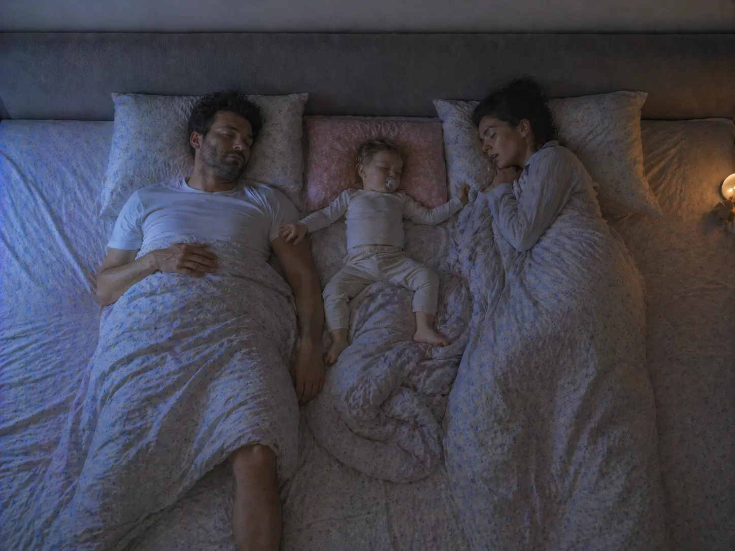 Uma família de três pessoas dorme lado a lado na cama familiar, vista de cima