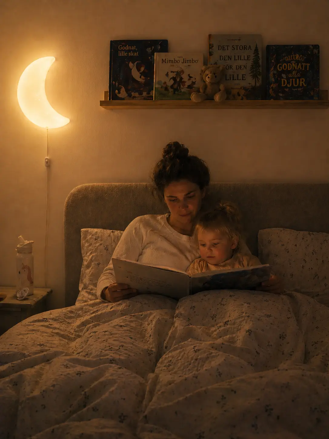 Mãe e criança leem uma história antes de dormir na cama, sob a luz de um candeeiro em forma de lua
