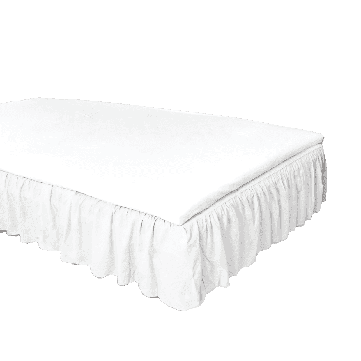 Saia de cama FAMBED branca com folhos ondulados, colocada numa cama e vista de um dos cantos
