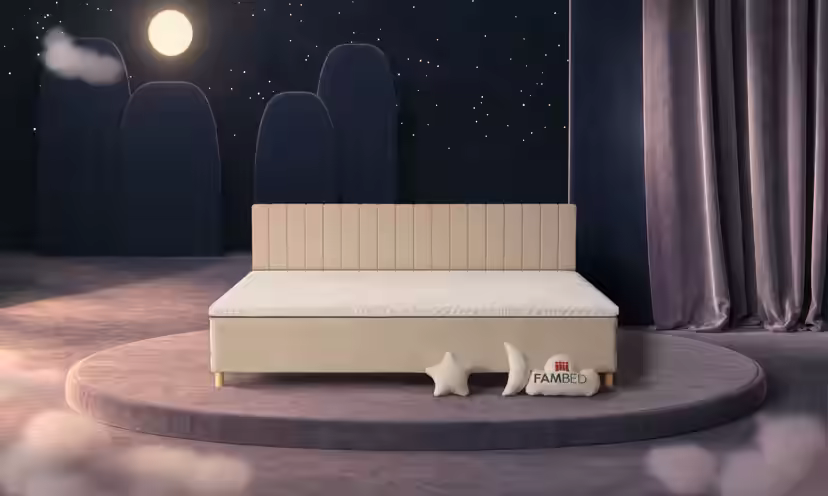 Cama familiar FAMBED em bege, 270 × 200 cm, com cabeceira